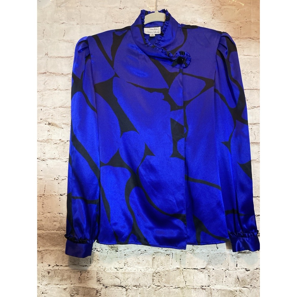 Vintage Nolan Miller Dynasty Collection Blouse 8 Blue Black Silk Abstract Ruffle